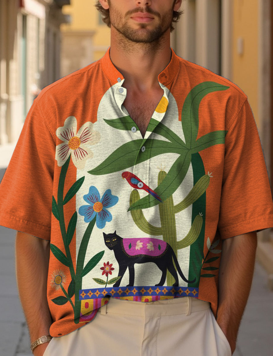 Plants In Front of Vintage Arch. Black Panther and Plant Decorative Pattern Casual Cotton And Linen Polo