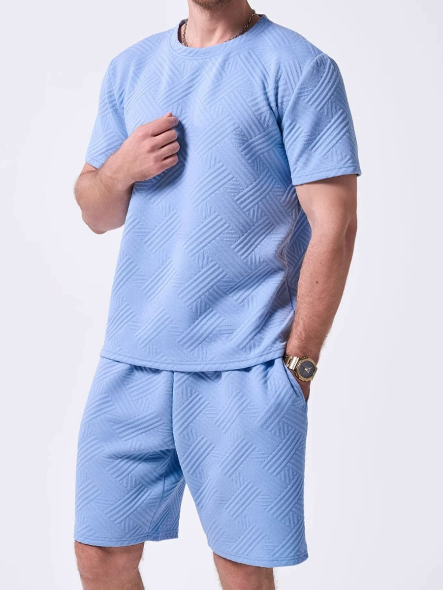 Men's Knitted Jacquard Solid Color Round Neck Short Sleeve Casual T-shirt Shorts Suit