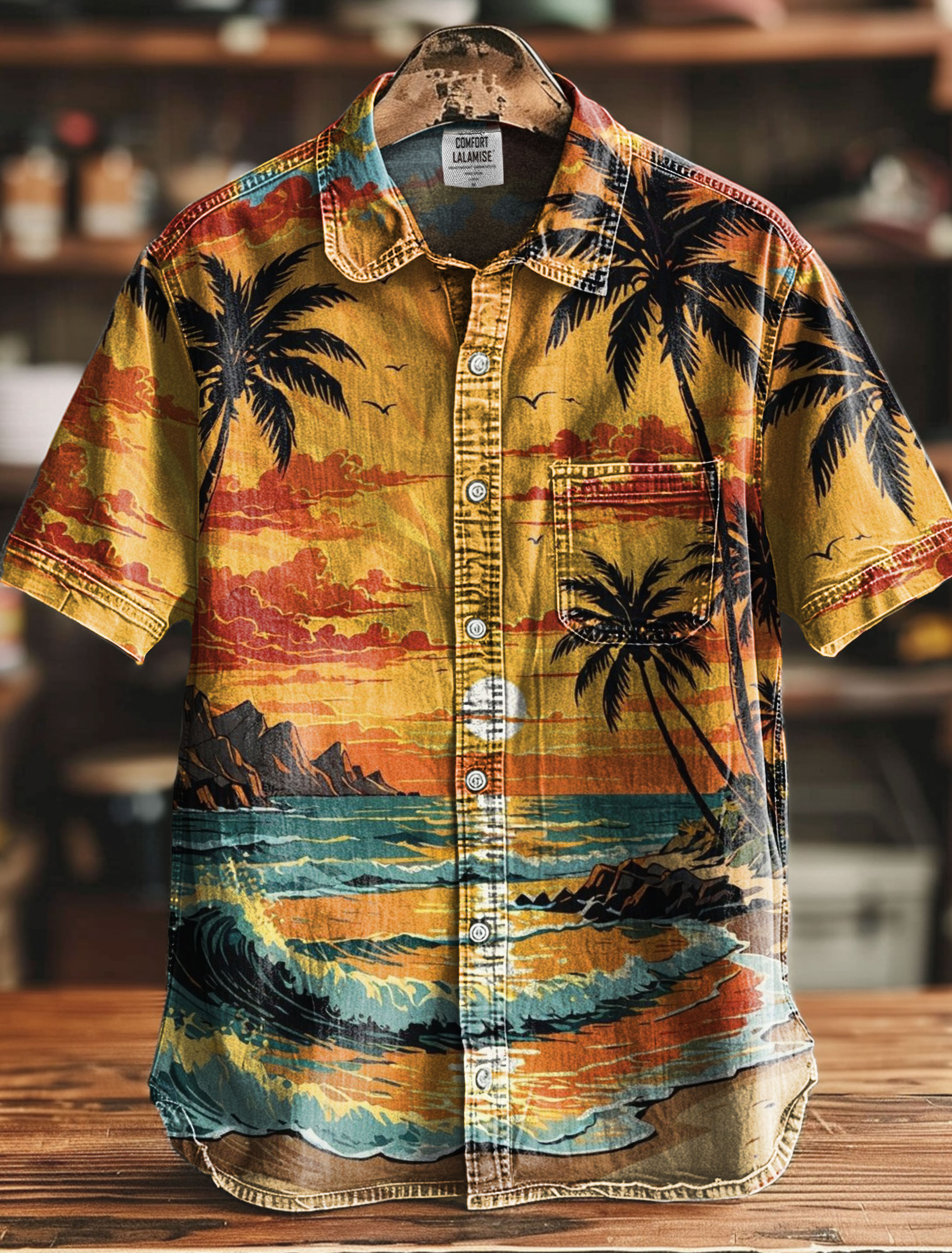 Summer Vacation Hawaii Beach Sunset Decorative Pattern 100% Cotton Denim Shirt