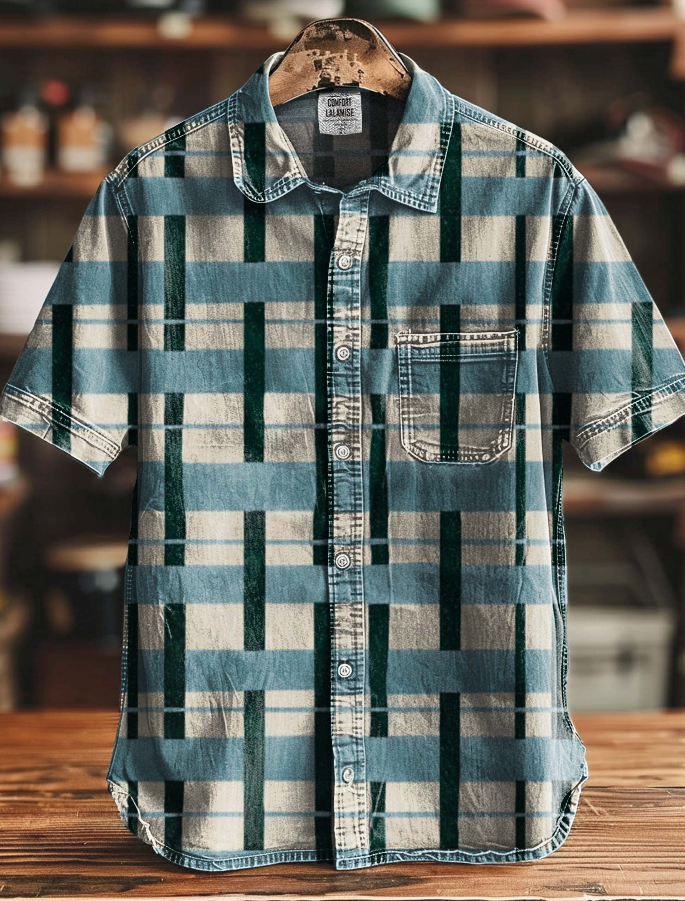 Blue Graffiti Check Art Print Casual 100% Cotton Shirt