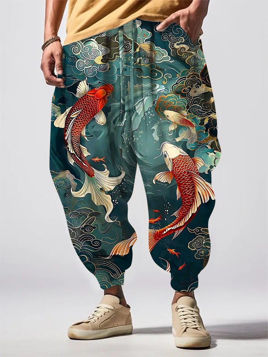 Men's Retro Koi Art Print Comfy 100% Cotton Pants
