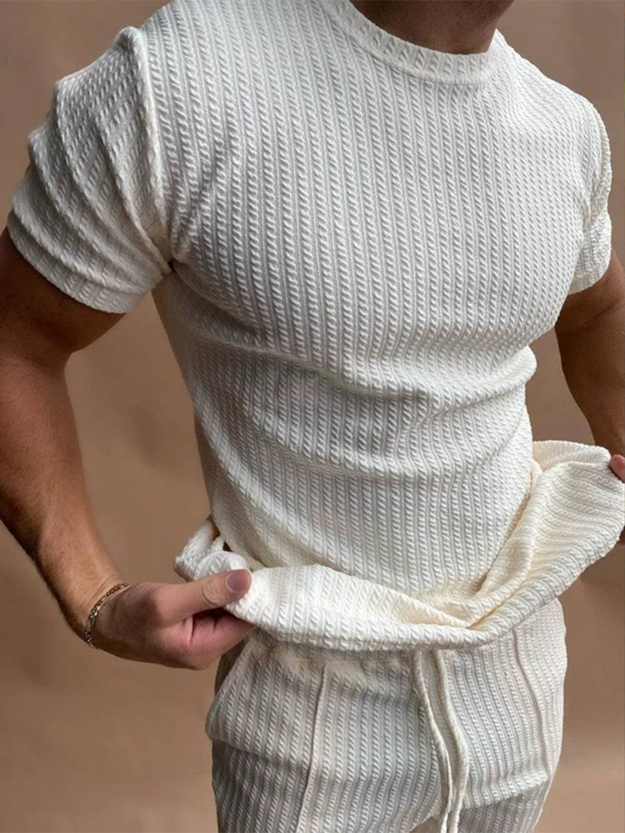 Men's Threaded Leisure Sports Round Neck Short Sleeve T-shirt Pants Set