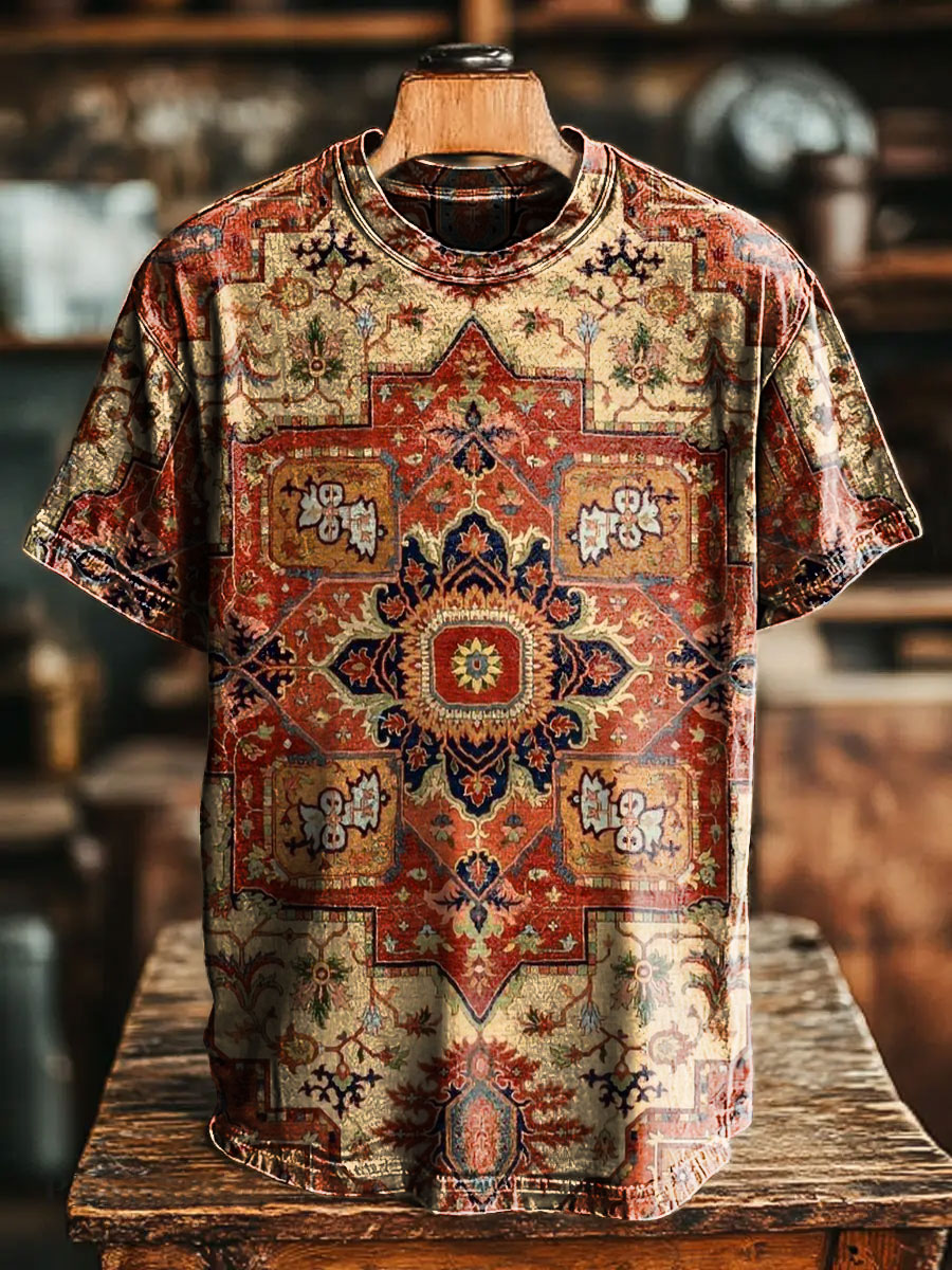 Unisex Retro Ethnic Pattern Print Casual Loose Short Sleeve T-Shirt