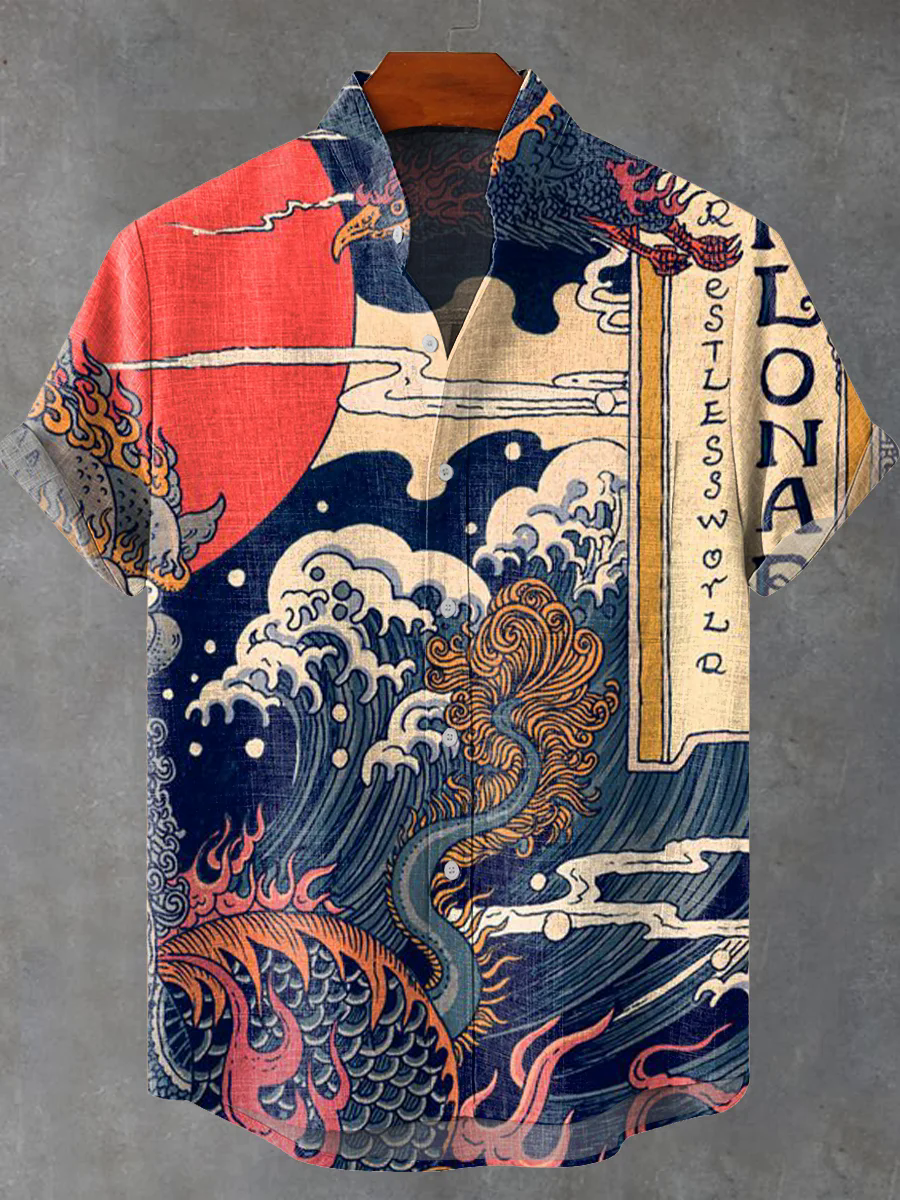 Vintage Japanese Art Ukiyoe Wave Painting Print Casual Cotton And Linen Polo