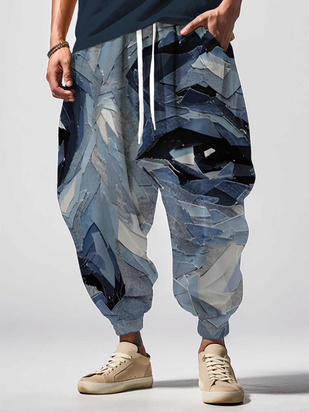 Men's Patchwork Portrait Art Print Loose Drawstring Waist Sweatpants