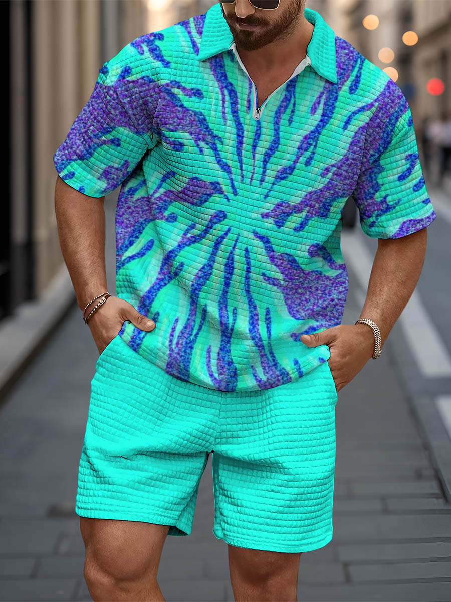 Men's Simple Abstract Art Short Sleeve Zipper Waffle Two-piece Set