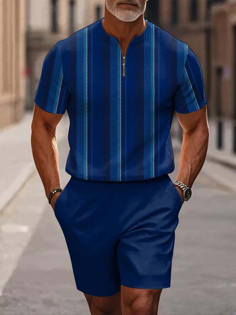 Men's Dark Blue Gradient Stripes Casual Short Sleeve Zipper Two-piece Set