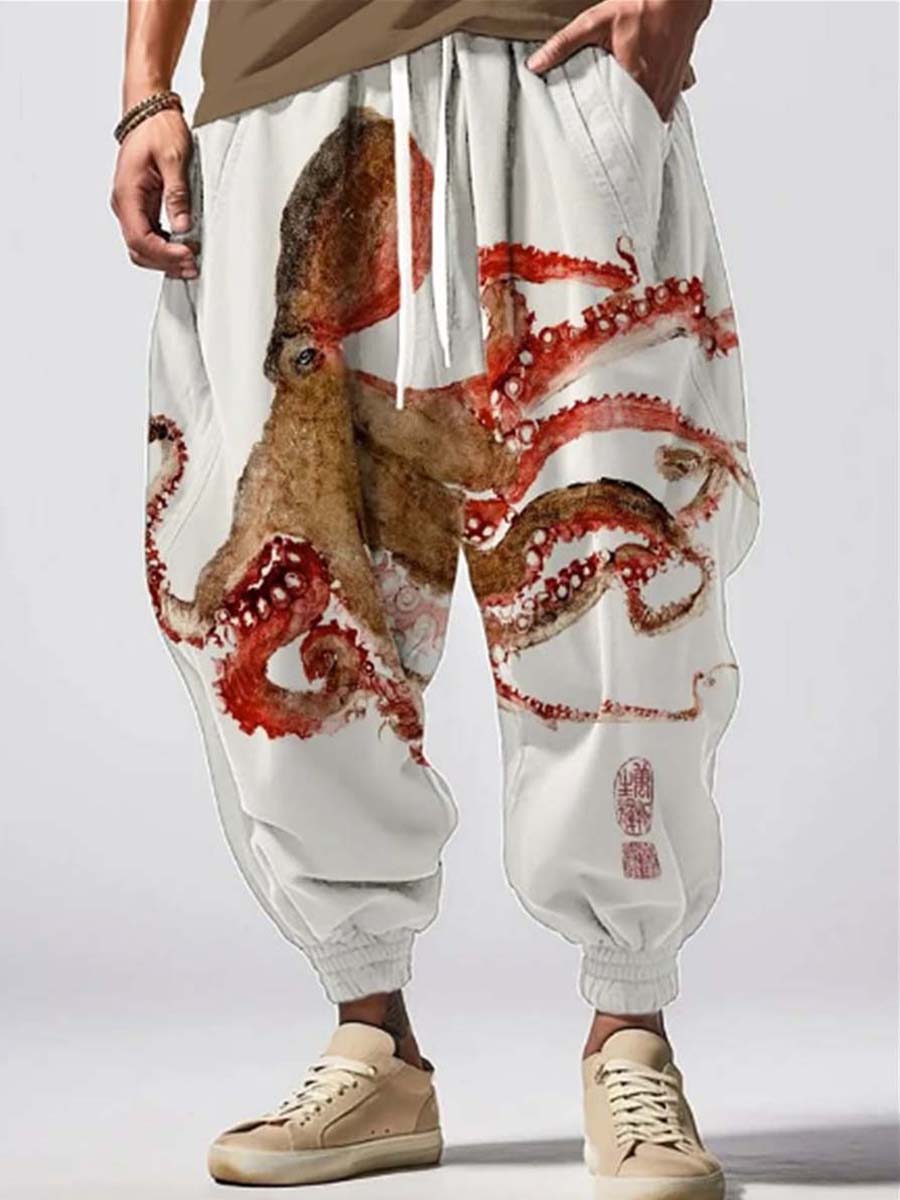 Men's Deep Sea Red Octopus Japanese Art Print Comfy 100% Cotton Pants