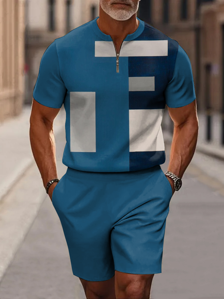 Men's Navy Blue Color-block Square Art Short Sleeve Zipper Two-piece Set
