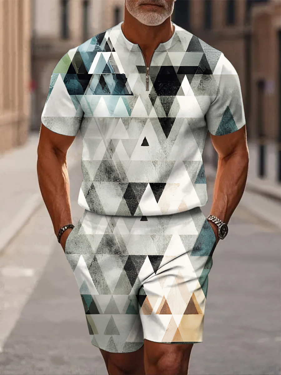 Men's Simple Geometric Art Print Short Sleeve Zipper Two-piece Set