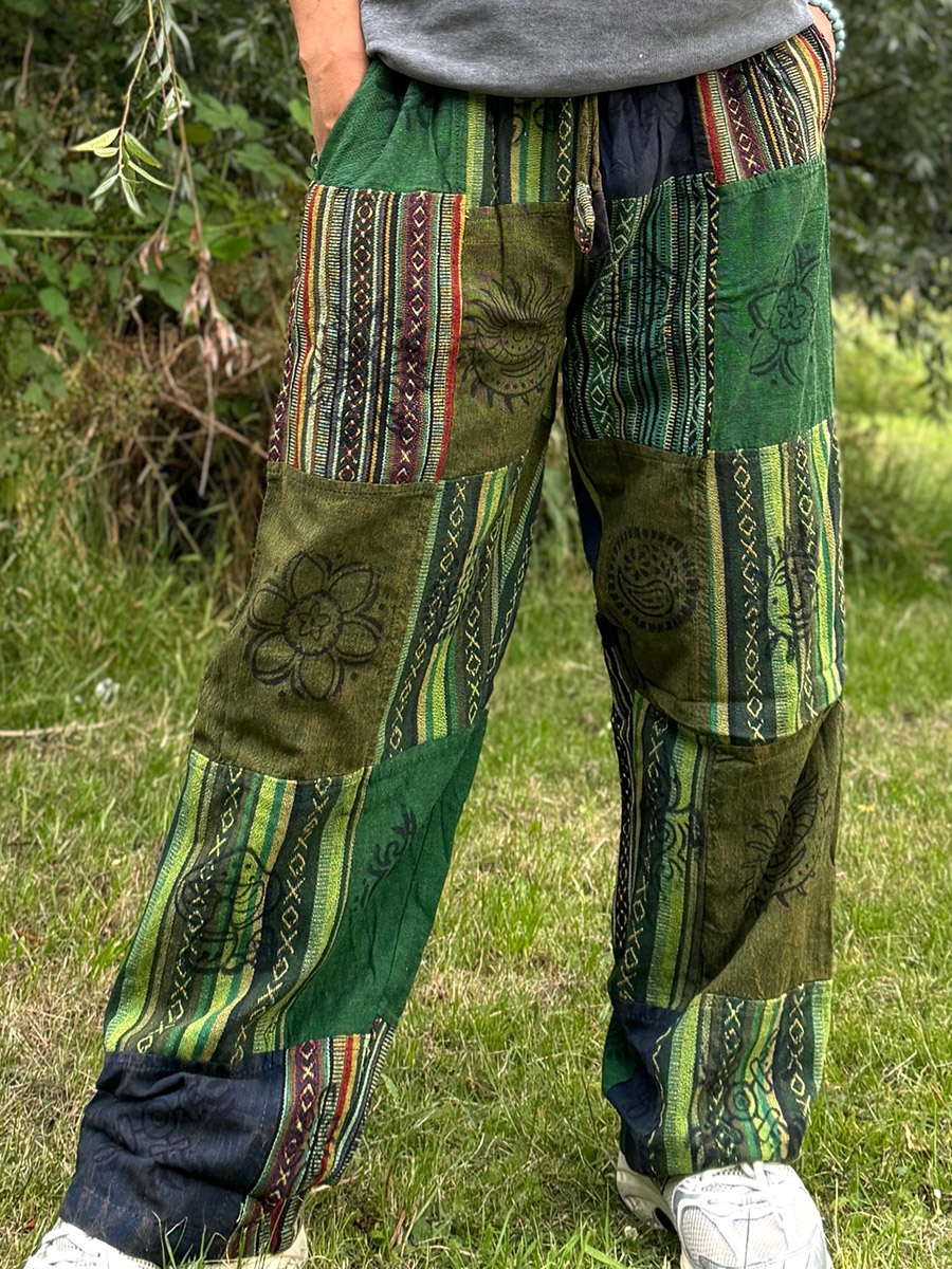 Men's Retro Hippie Patchwork Flowers Print Comfy 100% Cotton Pants
