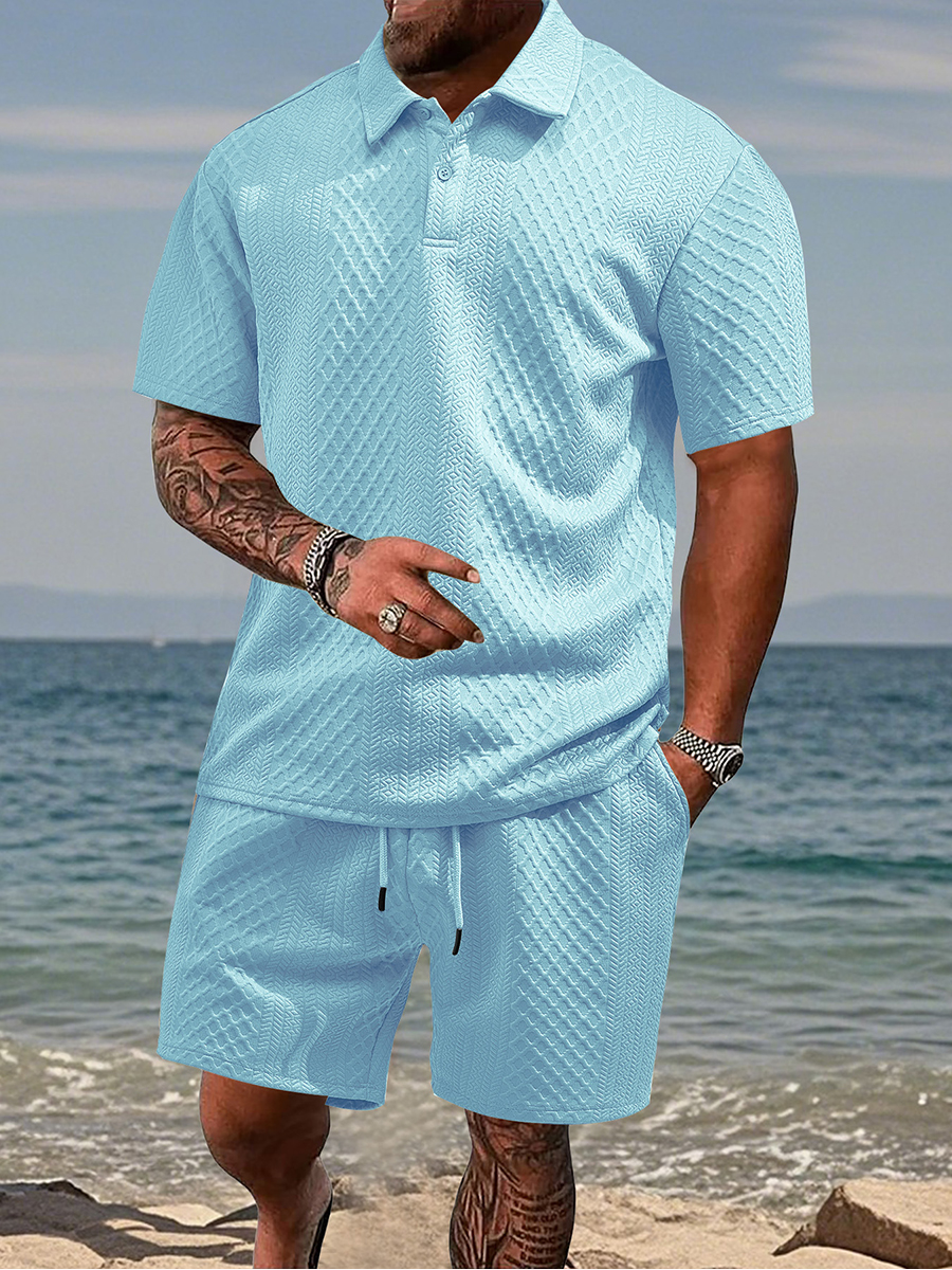Men's Jacquard Casual Lapel Shorts Set