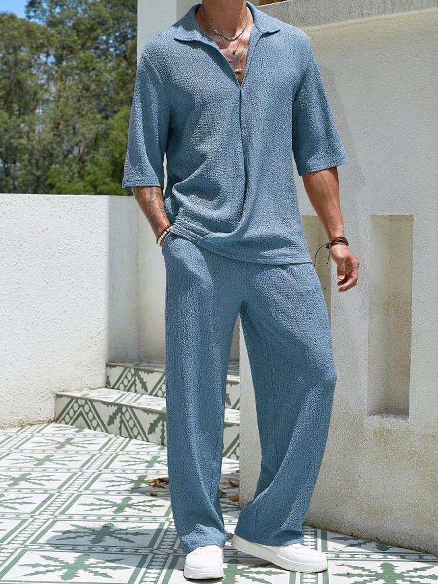 Men's Casual Solid Color Short Sleeves Long Pants Men Two Piece Suit