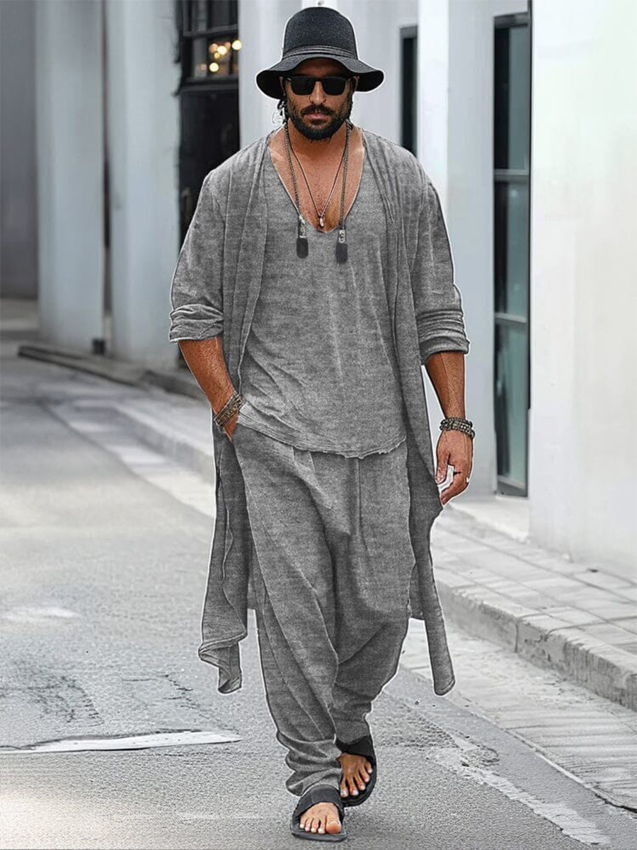 Men's Casual Loose Cardigan Pants Three Piece Suit