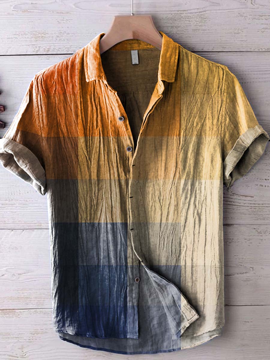 Orange Blue Sunrise Gradient Grid Art Print Casual Cotton And Linen Polo