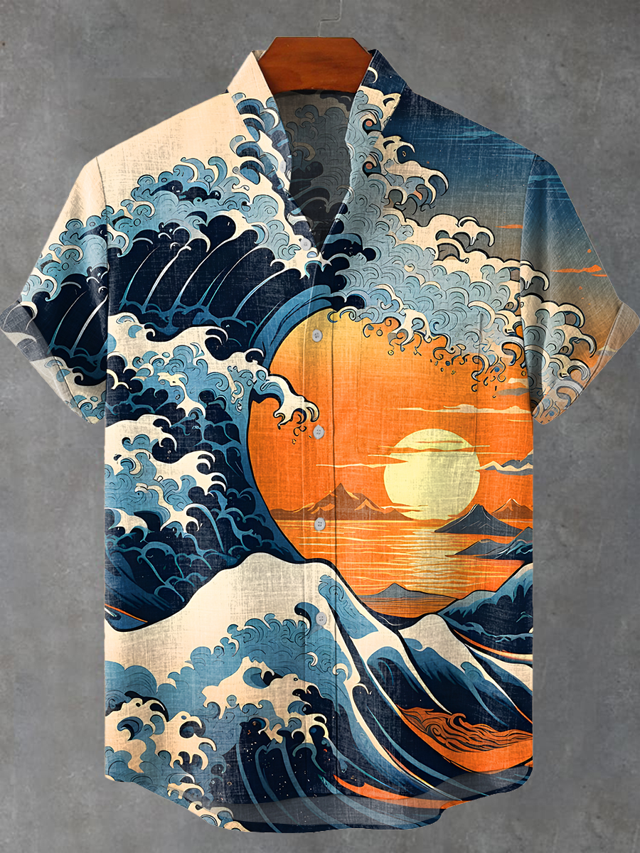 Vintage Japanese Ocean waves Sunset Print Casual 100% Cotton Shirt