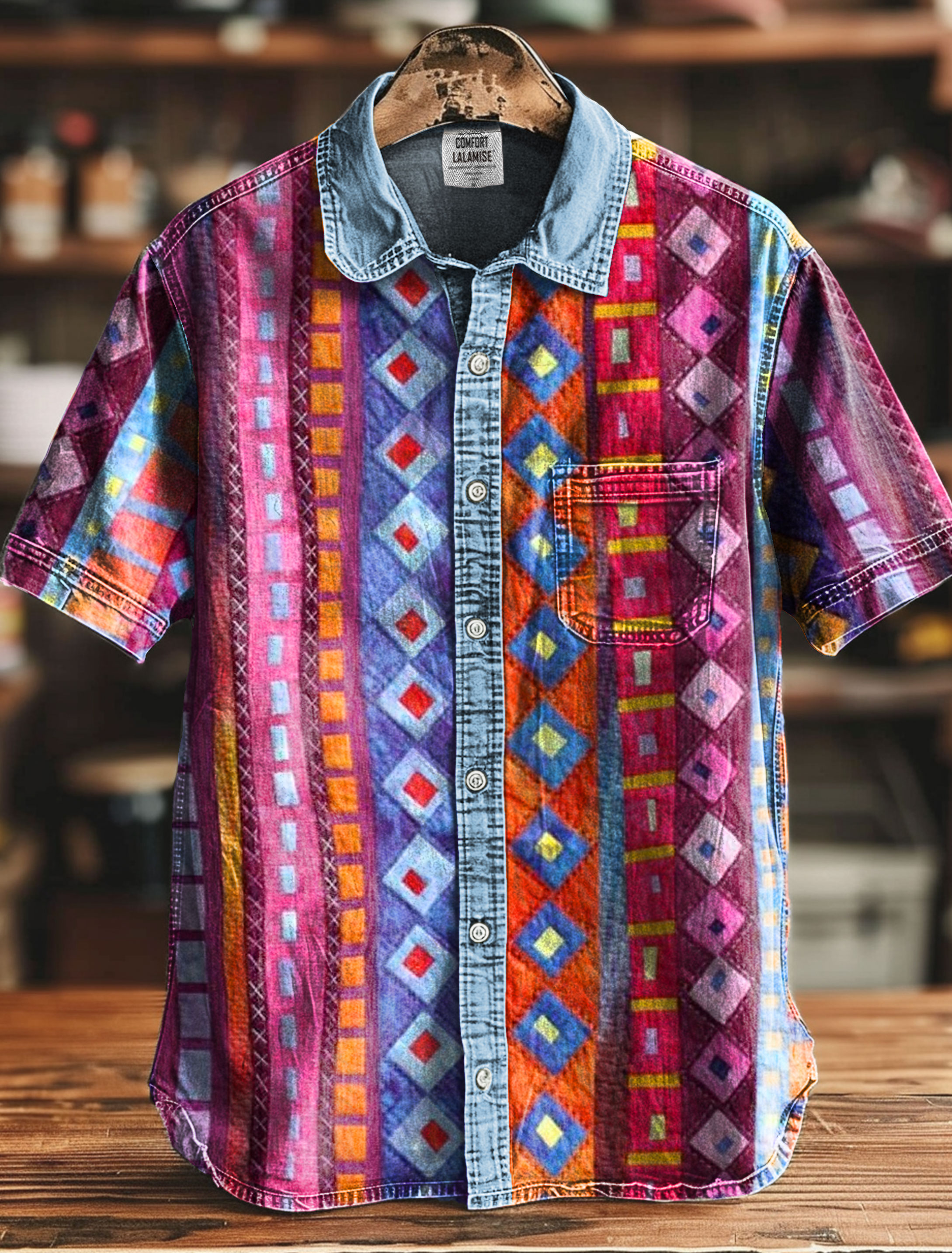 Multi-color Striped Geometric Art Print Casual 100% Cotton Shirt